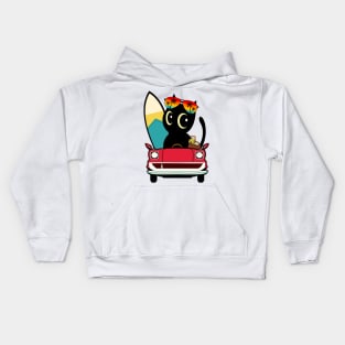 Surfer black cat driving to the beach Kids Hoodie